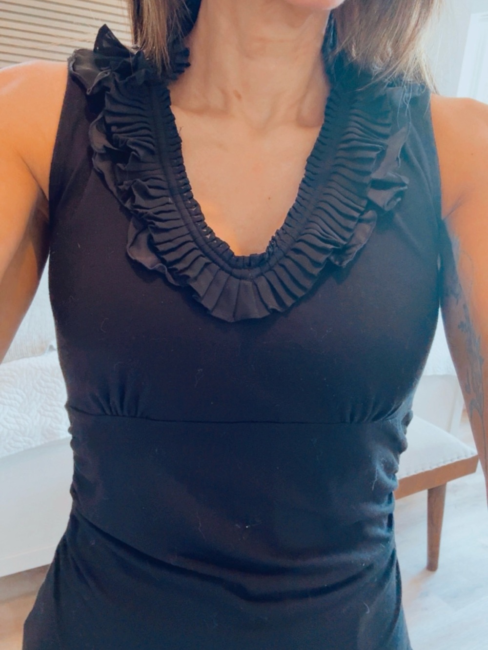 White House Black Market Black Ruffle-Neck Sleeveless Top - Picture 3 of 6